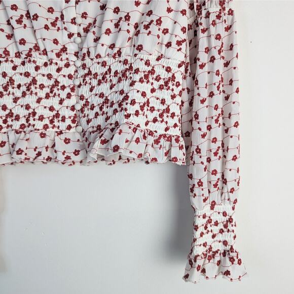Code X Mode White Red Floral Print Long Sleeve Embroidered Smocked Top Size S - Picture 4 of 8